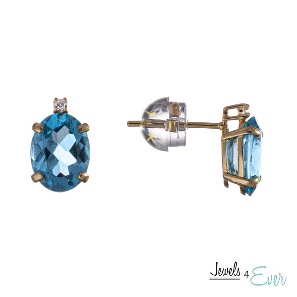 10KT Yellow Gold 8 x 6 mm Genuine Gemstone with Diamond Stud Earrings