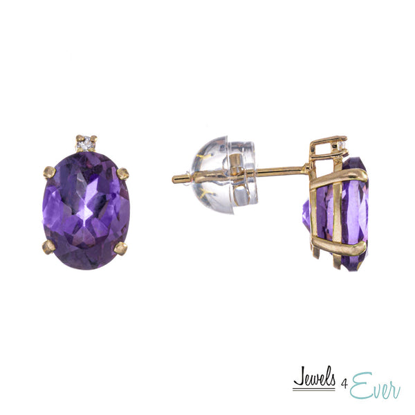 10KT Yellow Gold 8 x 6 mm Genuine Gemstone with Diamond Stud Earrings