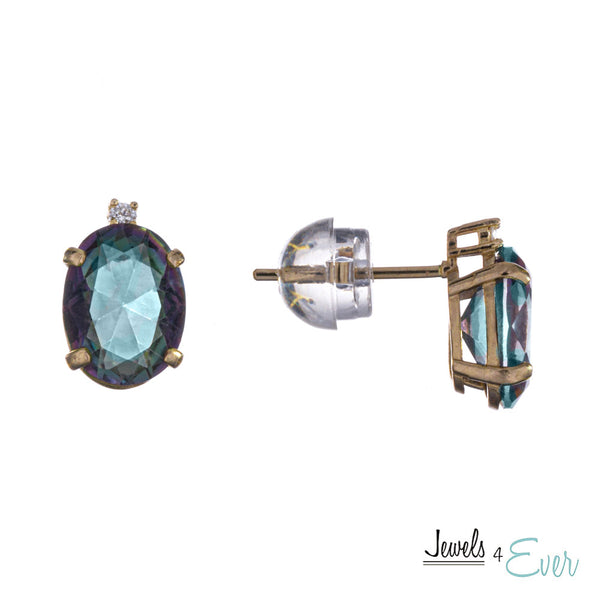 10KT Yellow Gold 8 x 6 mm Genuine Gemstone with Diamond Stud Earrings