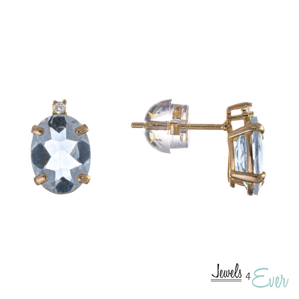 10KT Yellow Gold 8 x 6 mm Genuine Gemstone with Diamond Stud Earrings
