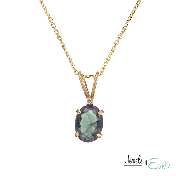 10KT Yellow Gold 8x6 mm Genuine Gemstone with Diamond Pendant