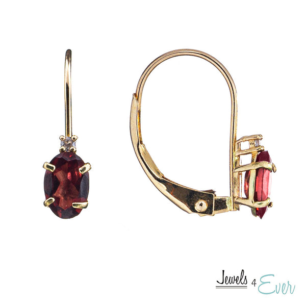 14K Yellow Gold Leverback Earrings with Genuine Gemstone 6x4mm and Diamonds