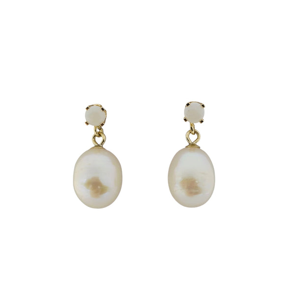 14K Yellow Gold Earrings Set With Freshwater Pearl and 3mm Genuine Gemstone