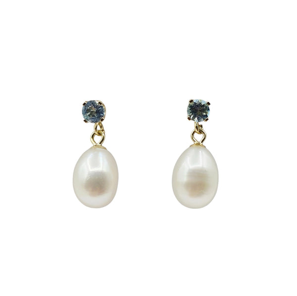 14K Yellow Gold Earrings Set With Freshwater Pearl and 3mm Genuine Gemstone