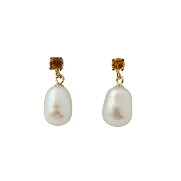 14K Yellow Gold Earrings Set With Freshwater Pearl and 3mm Genuine Gemstone