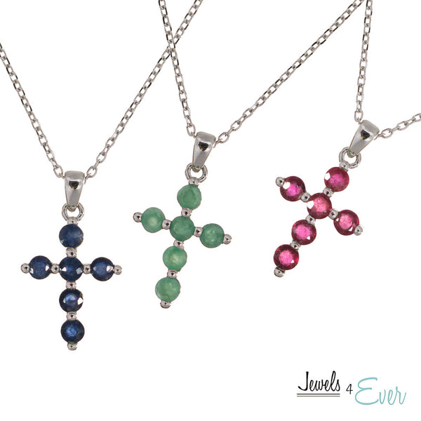 Sterling Silver Cross Gemstones Pendant and Chain