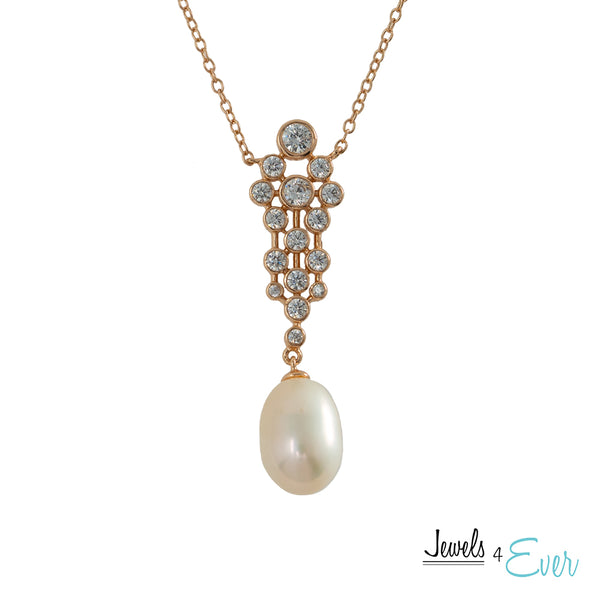 Sterling Silver Earrings and Pendant with Freshwater Pearl and Cubic Zirconia