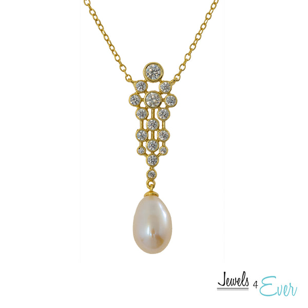 Sterling Silver Earrings and Pendant with Freshwater Pearl and Cubic Zirconia