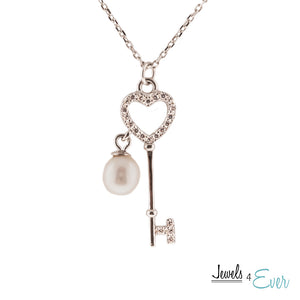 Sterling Silver Key Pendant Necklace with Cultured Pearl