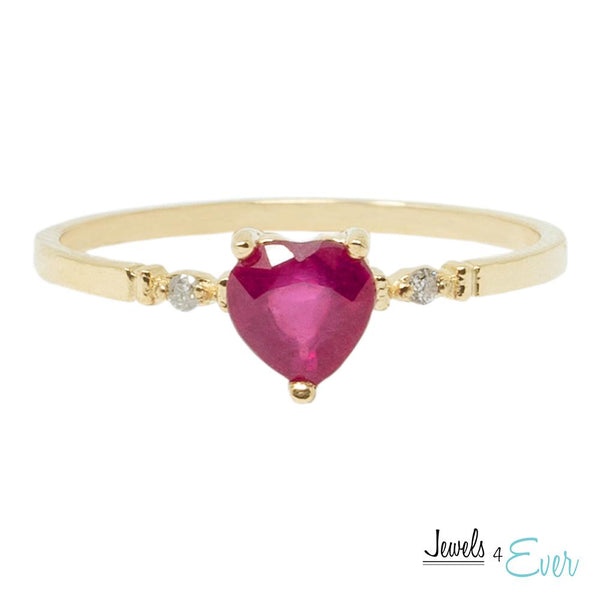 10K Gold Ring Set With Genuine 5mm Heart-Shaped Gemstone and Diamonds