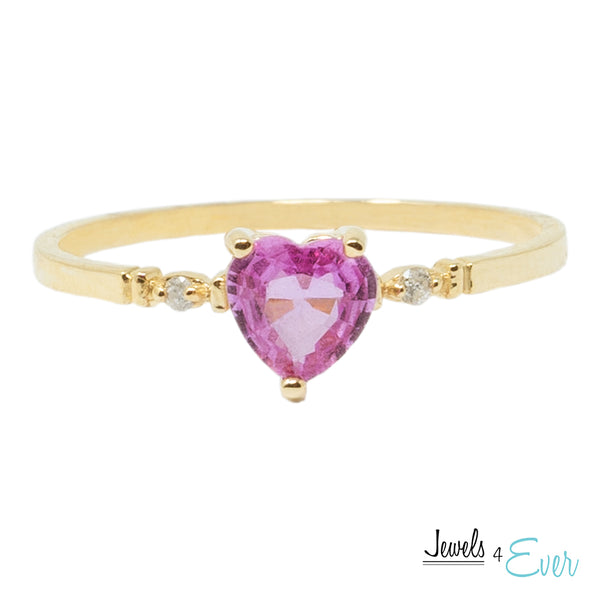 10K Gold Ring Set With Genuine 5mm Heart-Shaped Gemstone and Diamonds