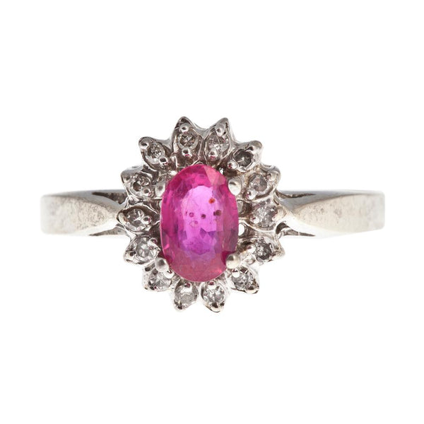 14KT White Gold Lady Di Style Ring set with Genuine Gemstone and Diamond