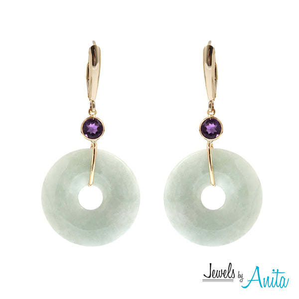 14KT Yellow Gold Jade Disc Earrings and Pendant with Genuine Gemstones