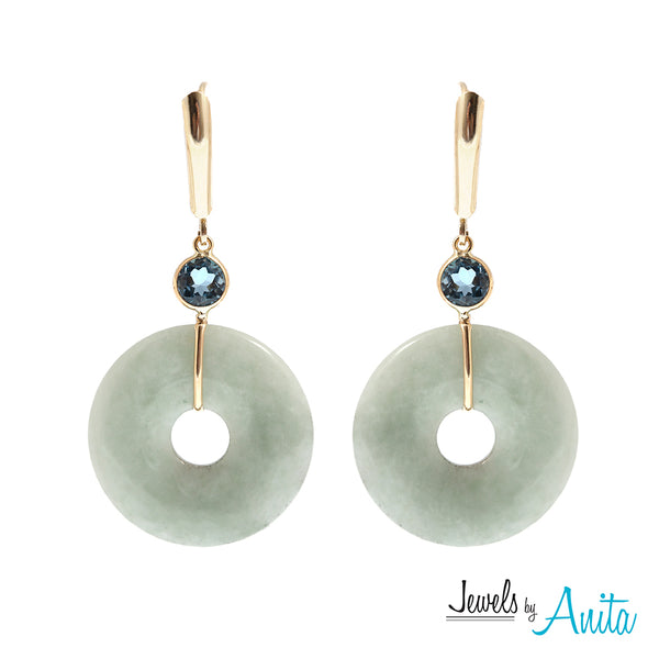 14KT Yellow Gold Jade Disc Earrings and Pendant with Genuine Gemstones