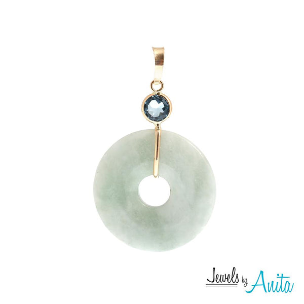 14KT Yellow Gold Jade Disc Earrings and Pendant with Genuine Gemstones