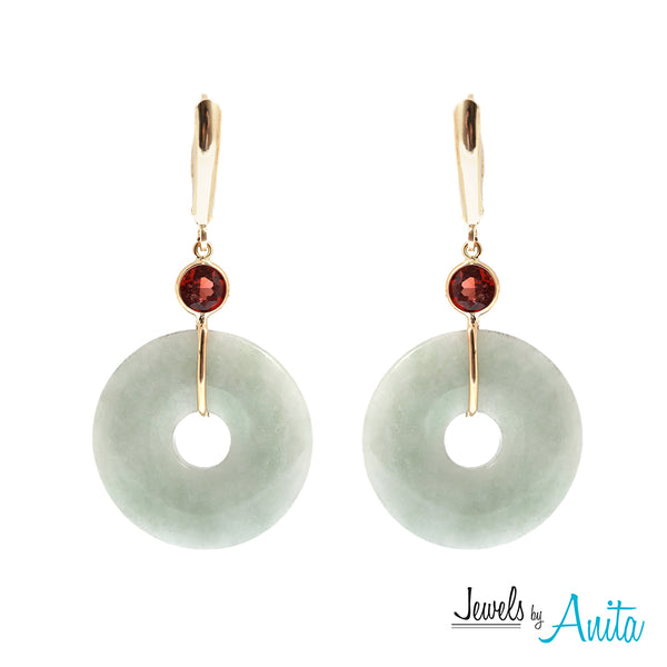 14KT Yellow Gold Jade Disc Earrings and Pendant with Genuine Gemstones