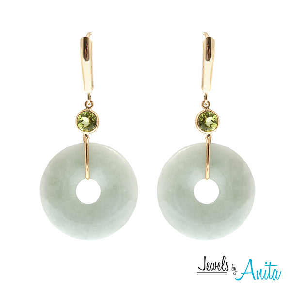14KT Yellow Gold Jade Disc Earrings and Pendant with Genuine Gemstones