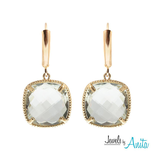 10KT Yellow Gold Earrings with 13mm Checkerboard Cushion Cut Genuine Gemstones