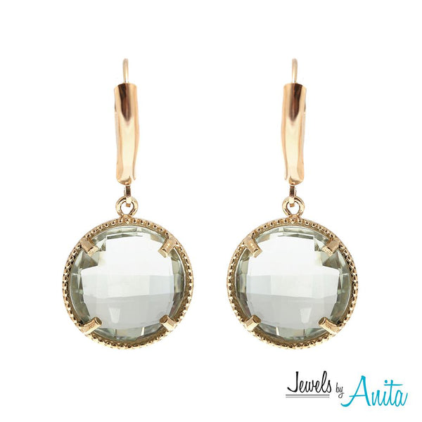 10KT Yellow Gold Earrings With 13mm Checkerboard Round Cut Genuine Gemstones