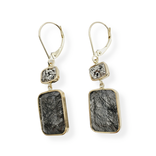 14Kt Gold Rutilated Quartz 15cts with Druzy Earrings