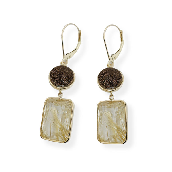 14Kt Gold Rutilated Quartz 15cts with Druzy Earrings