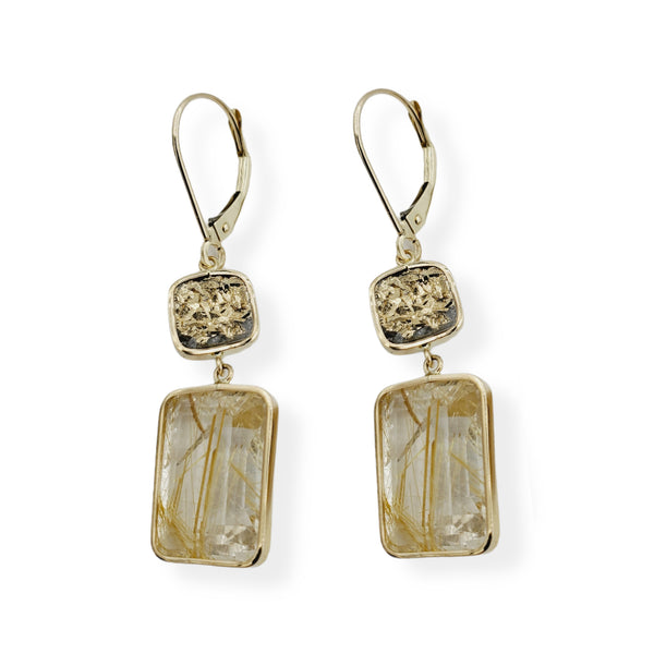 14Kt Gold Rutilated Quartz 15cts with Druzy Earrings