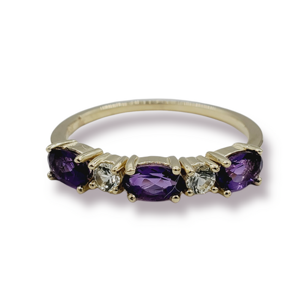 10K Yellow Gold Ring Set With 3 Genuine Oval Gemstones 5X3mm With 2 White Sapphires