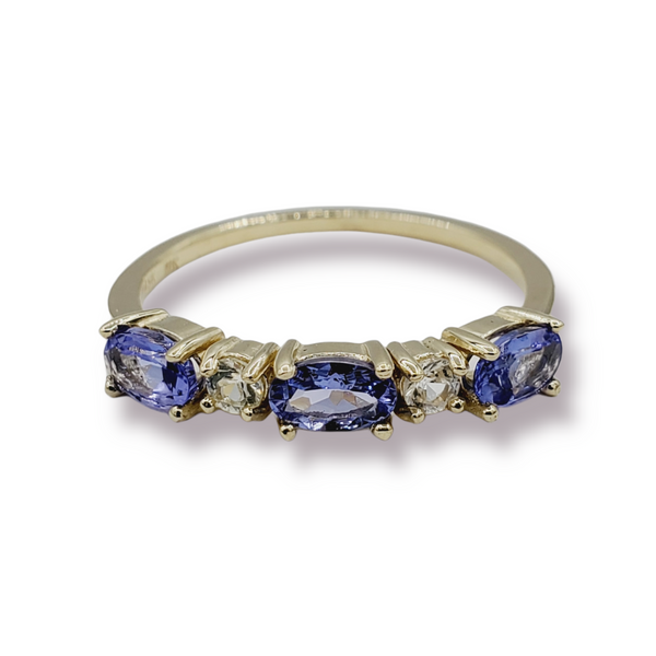 10K Yellow Gold Ring Set With 3 Genuine Oval Gemstones 5X3mm With 2 White Sapphires