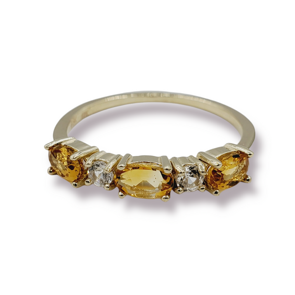 10K Yellow Gold Ring Set With 3 Genuine Oval Gemstones 5X3mm With 2 White Sapphires