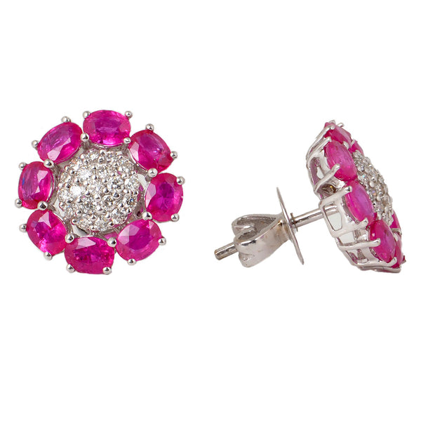 14K White Gold Push Back Earrings with Natural Oval Cut Rubies