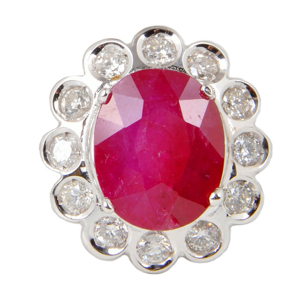14KT White Gold Ladies Ring with Oval Cut Ruby & Bezel Set Diamonds