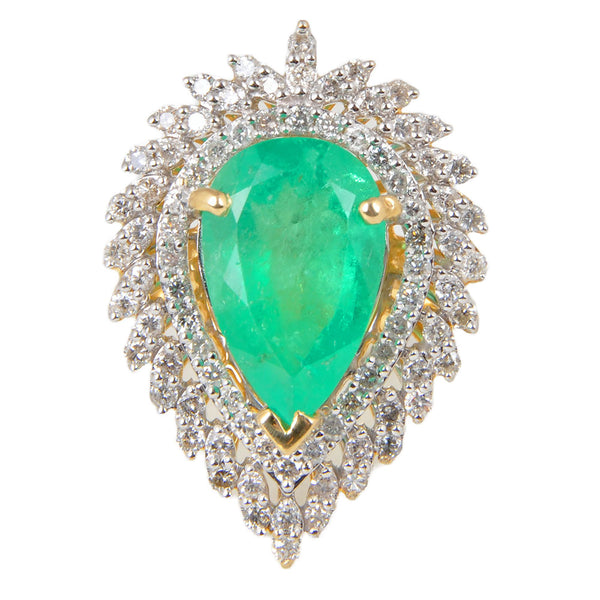 14KT Yellow & White Gold Ladies Ring with Natural Columbian Emerald & Round Cut Diamonds