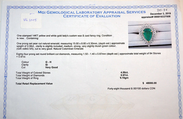 14KT Yellow & White Gold Ladies Ring with Natural Columbian Emerald & Round Cut Diamonds