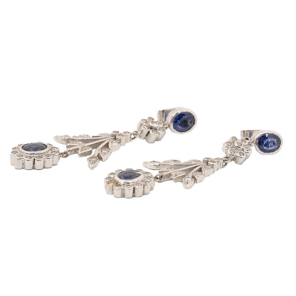 18KT White Gold Push Back Earrings with Natural Sapphire & Diamonds