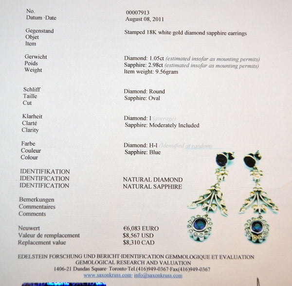 18KT White Gold Push Back Earrings with Natural Sapphire & Diamonds