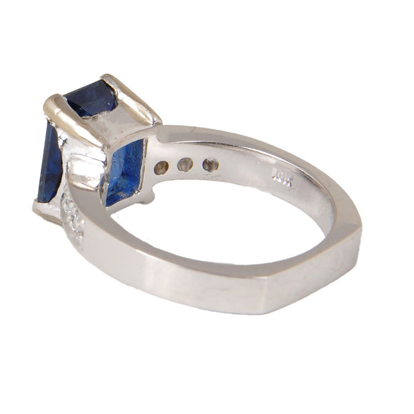 10KT & Platinum White Gold Ladies Ring with Rectangular Blue Sapphire & Round Cut Diamonds