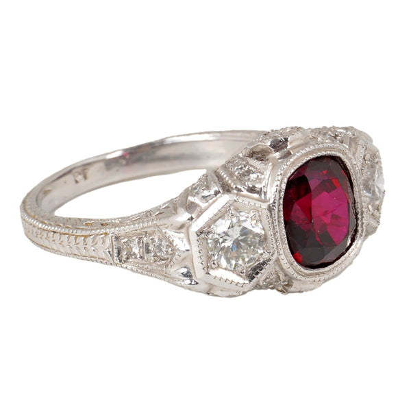 Platinum Ladies Ring with One Bezel Set Rectangular Cushion Cut Ruby & Round Cut Diamonds