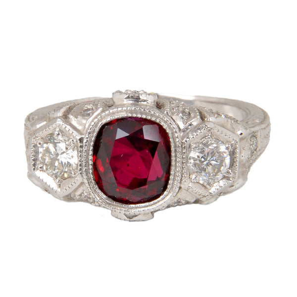 Platinum Ladies Ring with One Bezel Set Rectangular Cushion Cut Ruby & Round Cut Diamonds