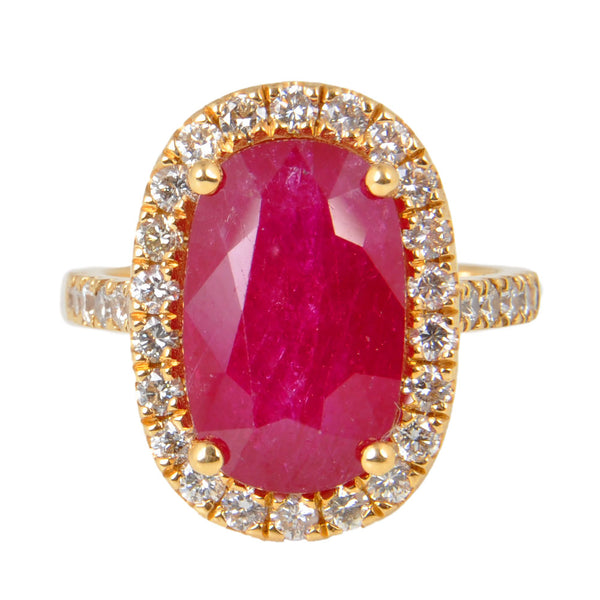 18KT Yellow Gold Ladies Ring with Oval Cut Ruby & Round Cut Diamonds