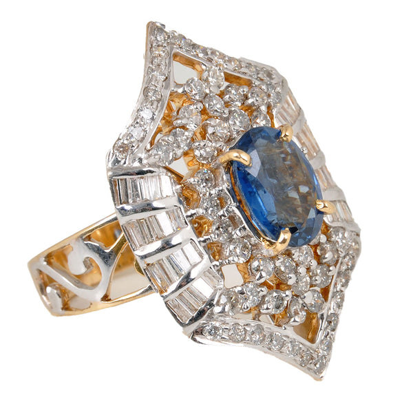14KT Yellow & White Gold Ladies Ring with Natural Cut Blue Sapphire & Baguette Cut Diamonds