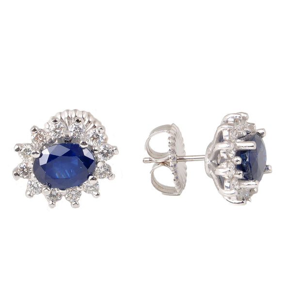 14KT White Gold Push Back Ladies Earrings with Oval Cut Natural Blue Sapphires & Round Cut Diamonds
