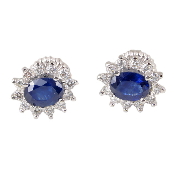 14KT White Gold Push Back Ladies Earrings with Oval Cut Natural Blue Sapphires & Round Cut Diamonds