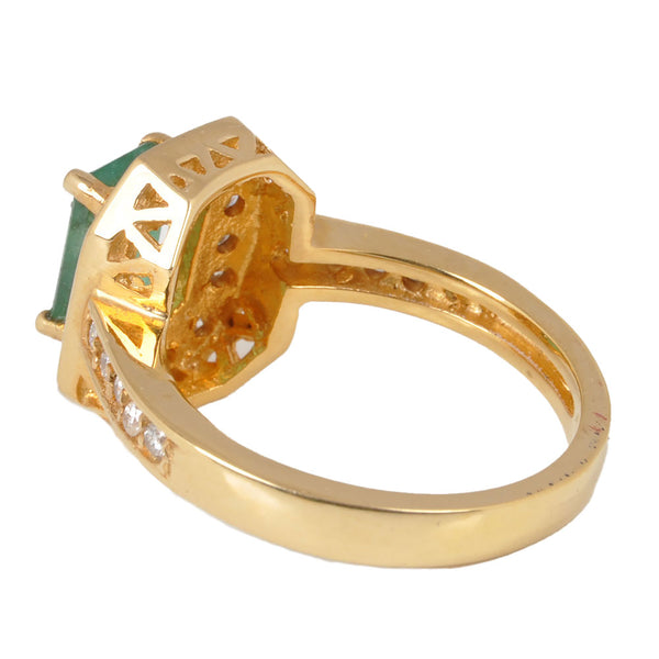 14KT Yellow Gold Ladies Ring with Natural Cut Rectangular  Emerald & Round Cut Diamonds