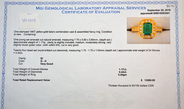 14KT Yellow Gold Ladies Ring with Natural Cut Rectangular  Emerald & Round Cut Diamonds