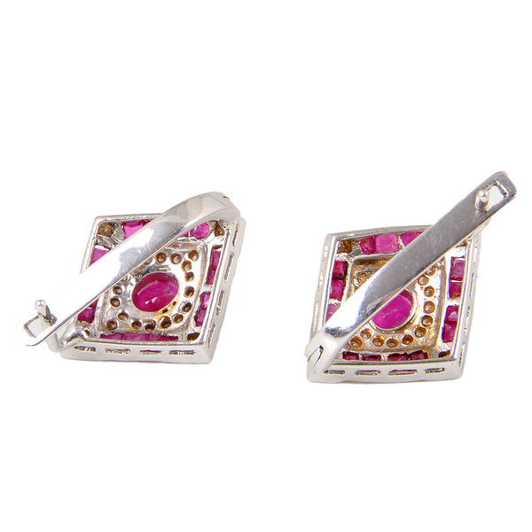 18KT White Gold Ladies Clip Back Earrings with Natural Oval Cut Rubies & Round Cut Diamonds