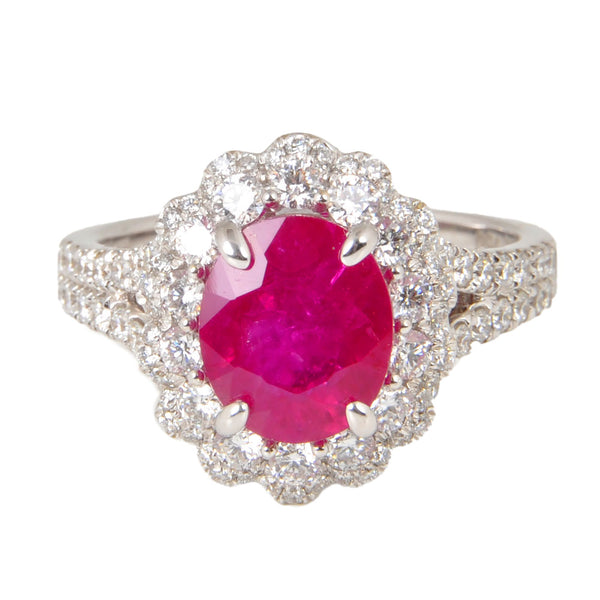 14KT White Gold Ladies Ring with Oval Cut Ruby & Round Cut Brilliant Diamonds