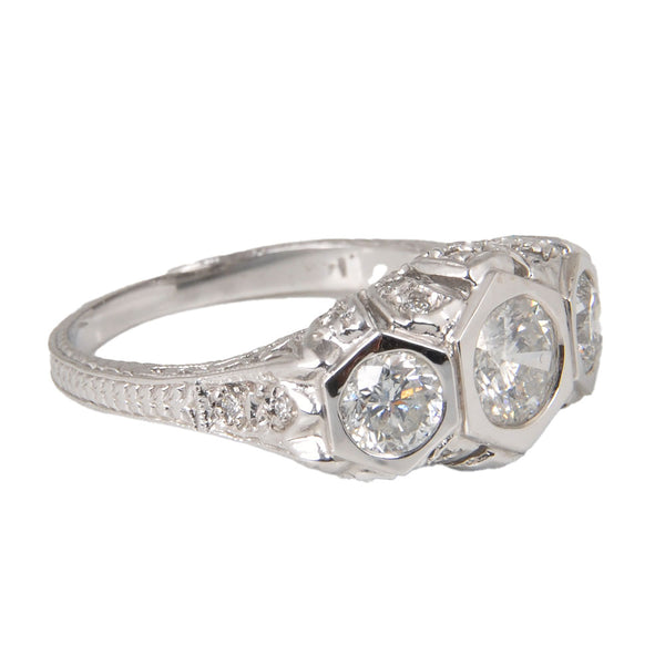 14KT White Gold Ladies Ring with Bezel Set Round Brilliant Cut Diamond & Round Brilliant Cut Diamonds