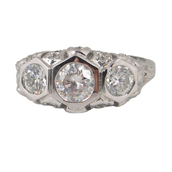 14KT White Gold Ladies Ring with Bezel Set Round Brilliant Cut Diamond & Round Brilliant Cut Diamonds