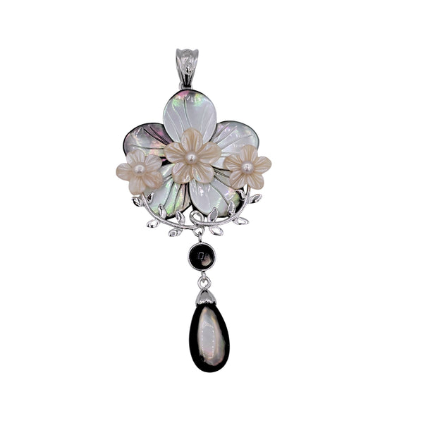 St. Silver Pendant. Flowers Mother of Pearls or Black Abalone Shell with CZ