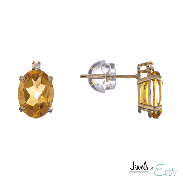 10KT Yellow Gold 8 x 6 mm Genuine Gemstone with Diamond Stud Earrings